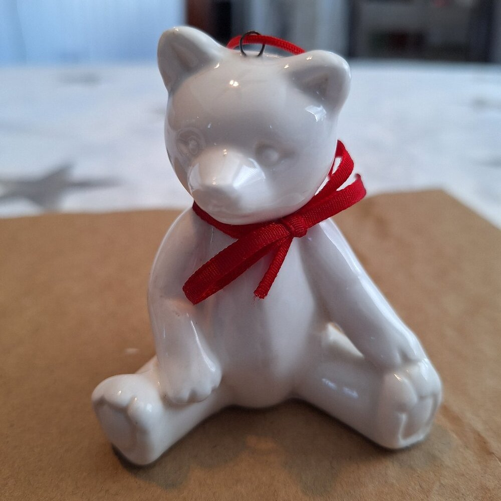 Vintage Dept 56 White Teddy Bear‎ Christmas Ornament Red Bow 50% Fine Bone China